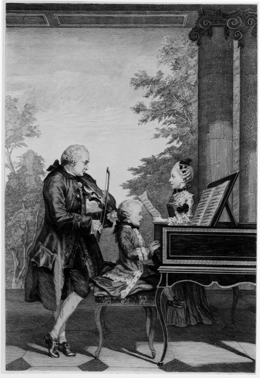 レオポルドモーツァルト（1719-87）と2人の子供、ヴォルフガングアマデウス（1756-91）とマリアアンナ（ナネル）（1751-1829） 作： ルイ・カロギス・ディ・カルモンテル