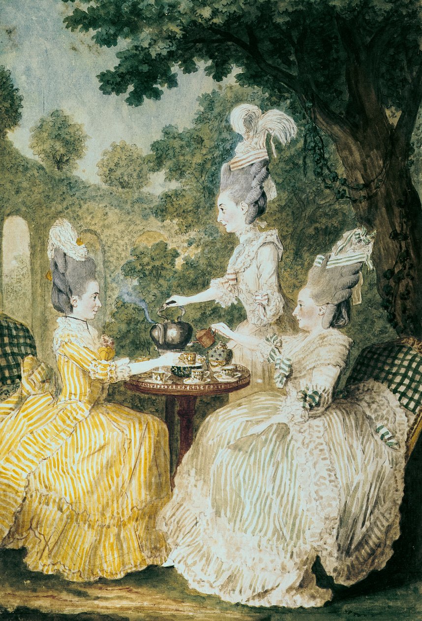 La Marquise de Montesson、La Marquise de Crest、La Comtesse de Damasお茶を飲む（紙に水彩） 作： ルイ・カロギス・ディ・カルモンテル