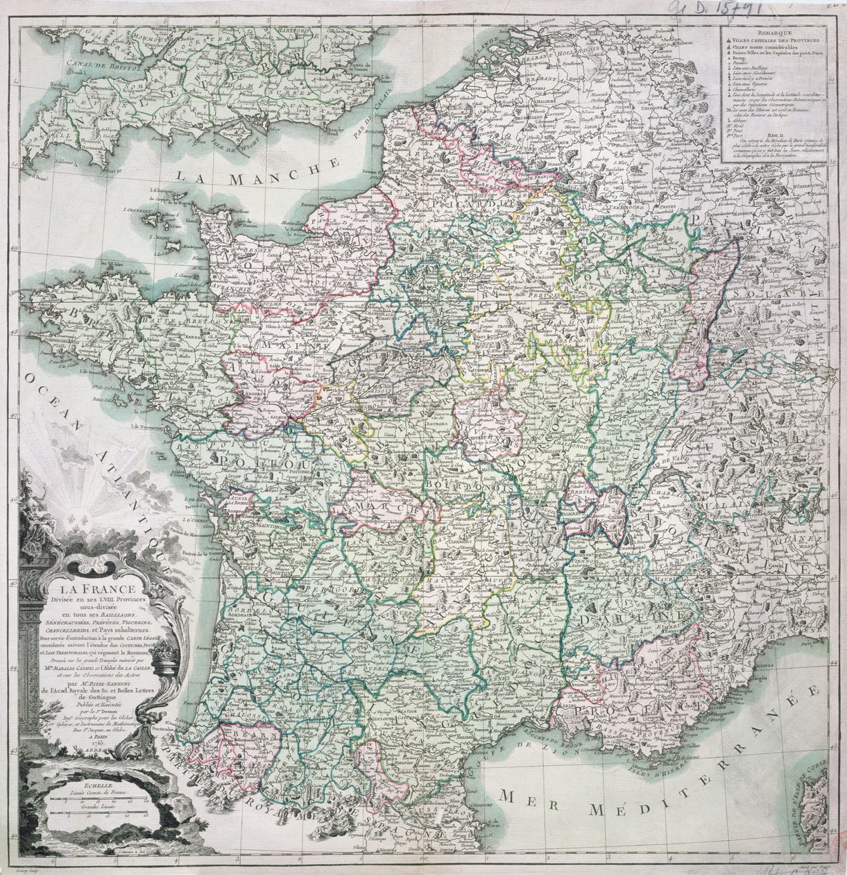 1765年に58の州に分割されたフランスの地図 作： ルイ・チャールズ・デスノス