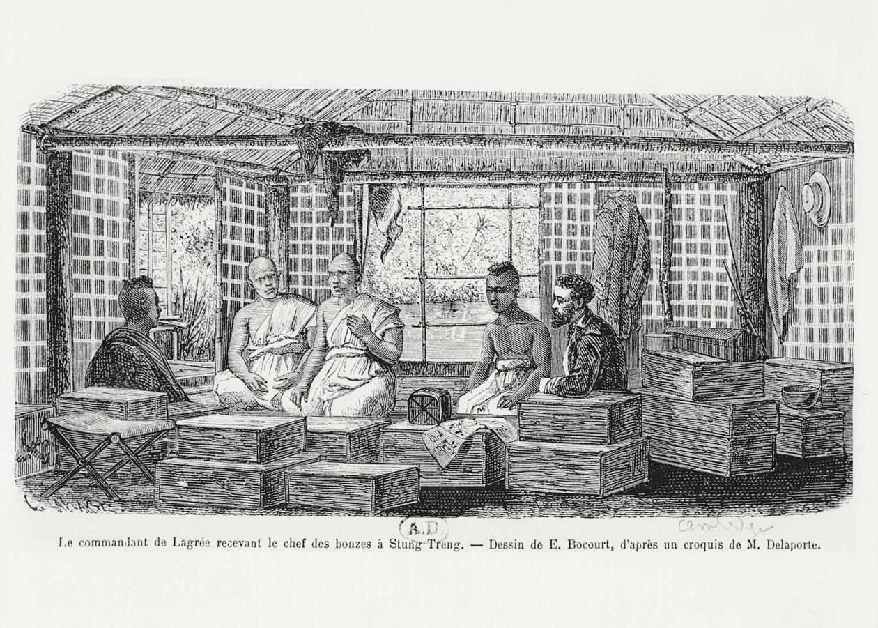 1868年、カンボジアのストゥントレンで僧侶の首長を迎えるラグリー司令官 作： ルイ・デラポルテ