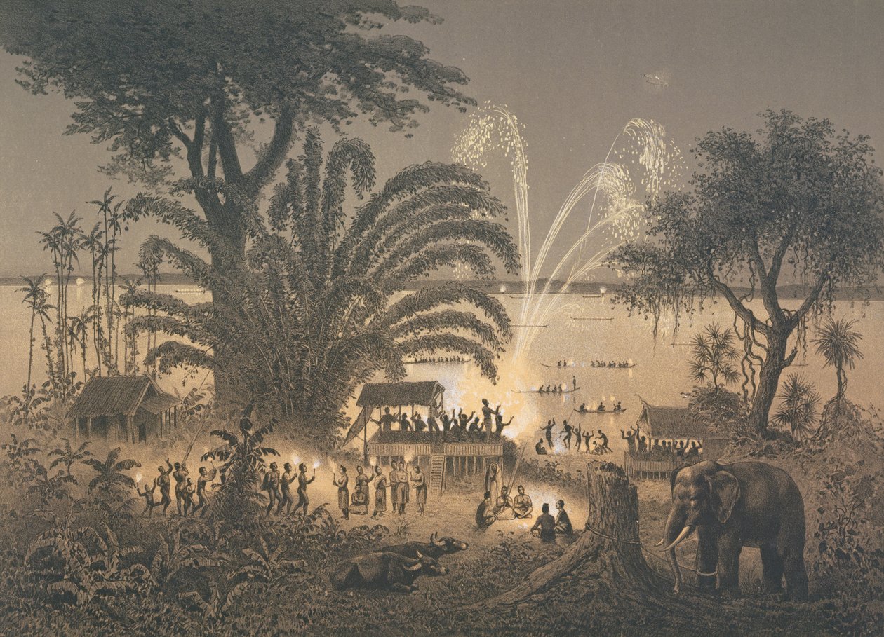 バサックの祭典での川の花火、「アトラスデュヴォヤージュd」探検ドインドシナからの図Doudart de Lagree（1823-68）、1873年 作： ルイ・デラポルテ