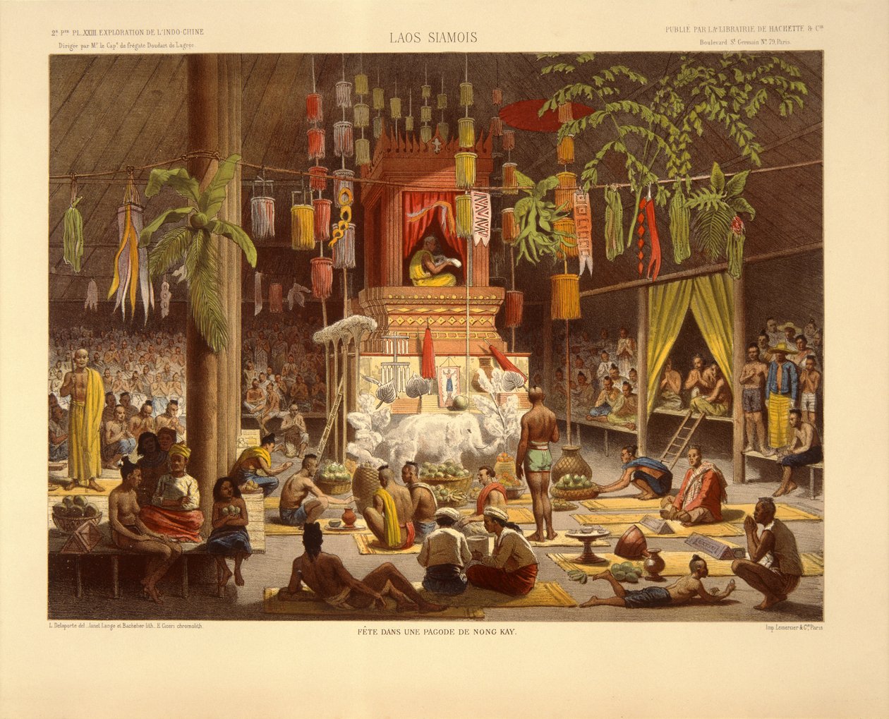 ノンカイのパゴダの内部、「1866年、1867年、1868年のインドシナの探索航海」のイラスト、フランシスガルニエ、アーネストドゥダールデラグリー、1873年発行（カラーリソ） 作： ルイ・デラポルテ