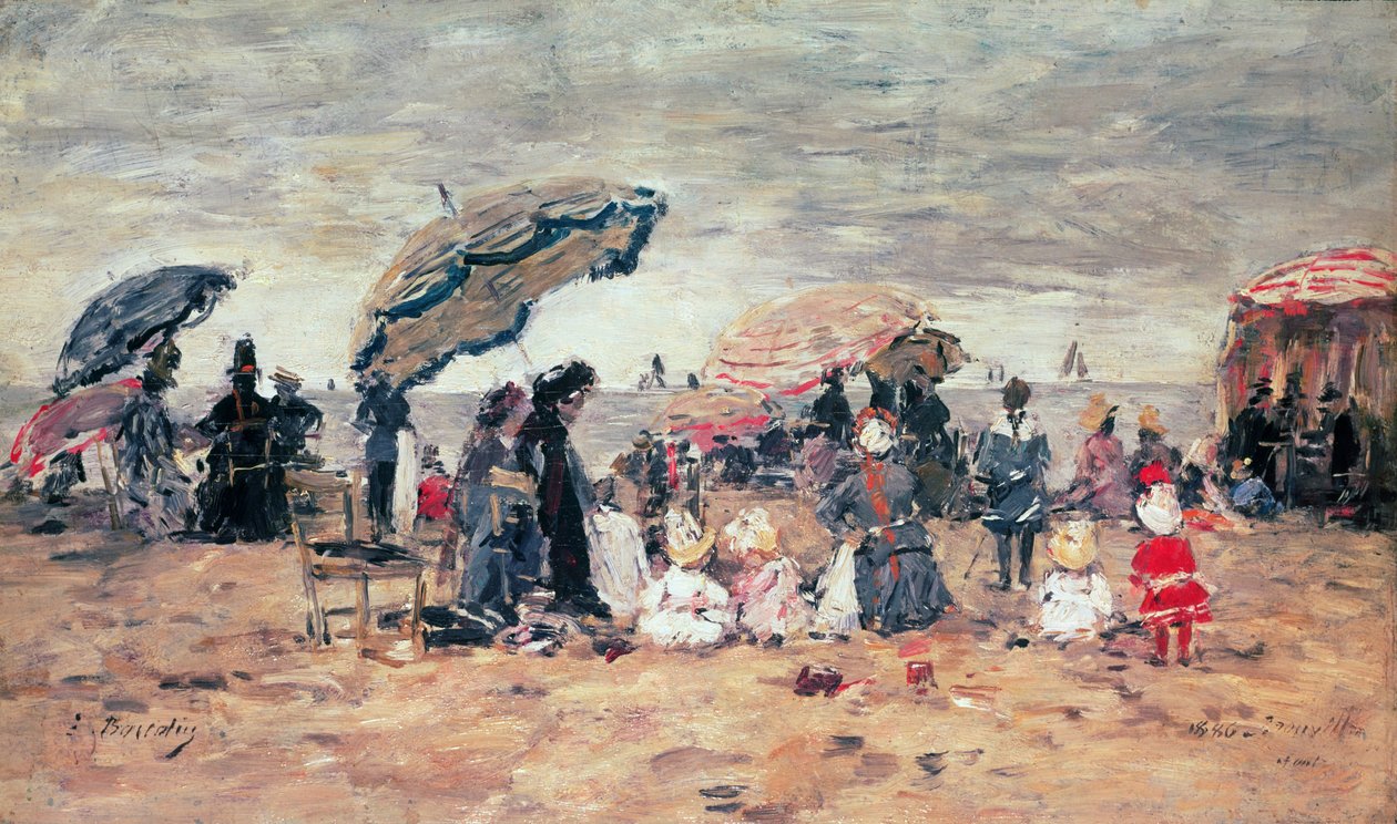 パラソルオンザビーチ、トルビル、1886年（パネル） 作： ユージン・ルイ・ブーダン
