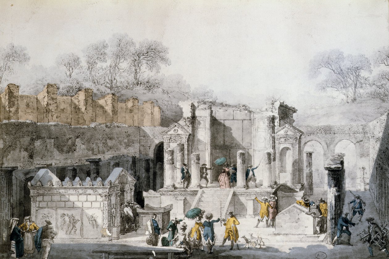 ポンペイ遺跡のイシス神殿の観光客、1779年（カラー彫刻） 作： ルイ・ジャン・デスプレス