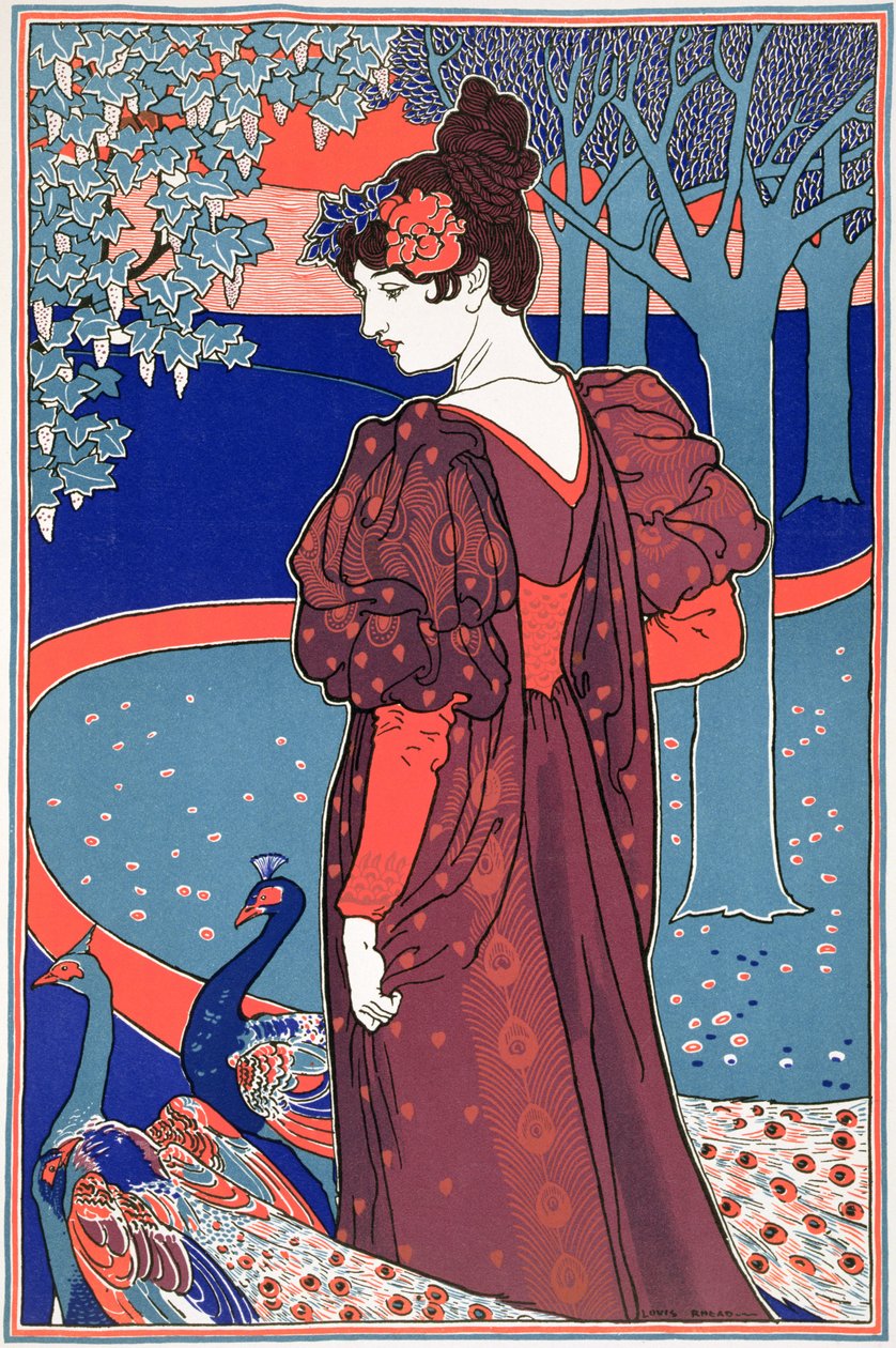 「L&39;Estampe Moderne」の孔雀を持つ女性、パリ1897-99を出版 作： ルイス・ジョン・Rヘッド