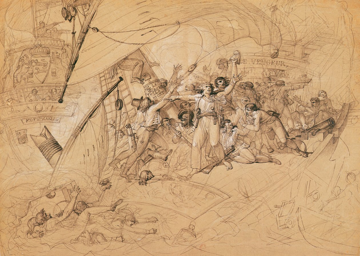 1794年6月1日、ウェサンの戦いで沈没した「ル・ベンガル・デュ・ピュープル」（紙上グラファイト） 作： ルイス・ラフィット