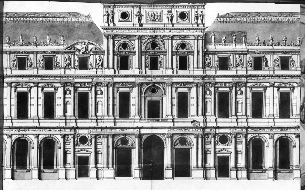 ルーブル美術館：川の真ん中のパビリオンの高さ、1660年〜63年頃（紙の上にペンとインクと水で洗う） 作： ルイ・ル・ヴァウ