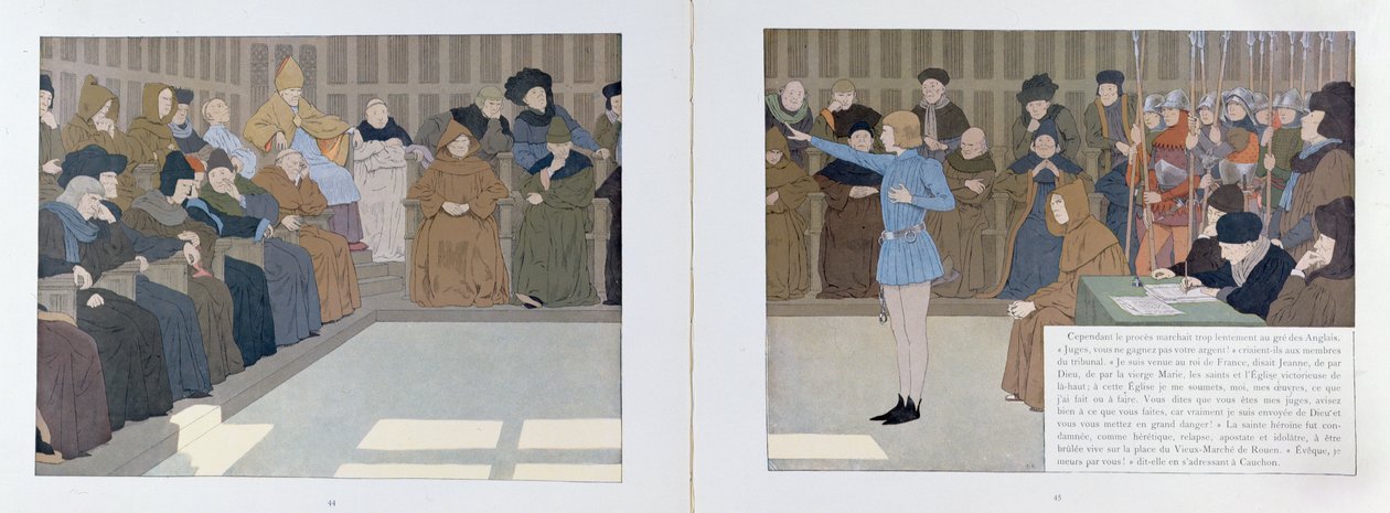 1431年にルーアン城でのジャンヌダルクの裁判、「ジャンヌダルク」のイラスト、1910年頃 作： ルイ・モーリス・ブーテ・ド・モンヴェル