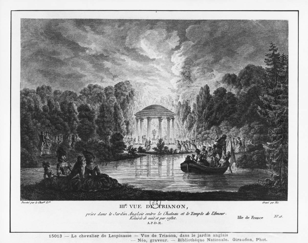 フランソワデニスニー（1732-1817）によって彫刻された、城と愛の神殿の間にある英国式庭園から撮ったトリアノンの3番目のビュー 作： ルイ・ニコラス・デ・レスピナス