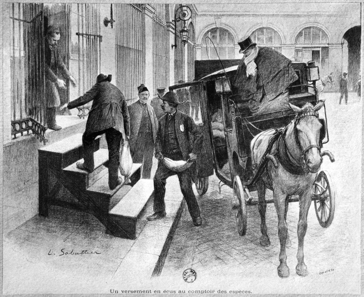 Chaivire（19世紀）によって刻まれた現金カウンターでの冠の預金1897 作： ルイ・レミー・サバティエ