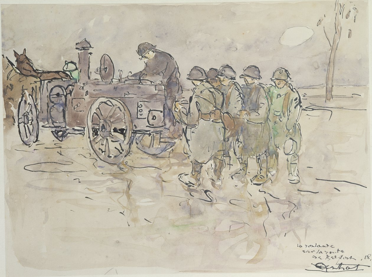 1918年ベルフォールへの道のフィールドキッチン（紙にペンとインクとトイレ） 作： ルイ・ロバート・アントラル