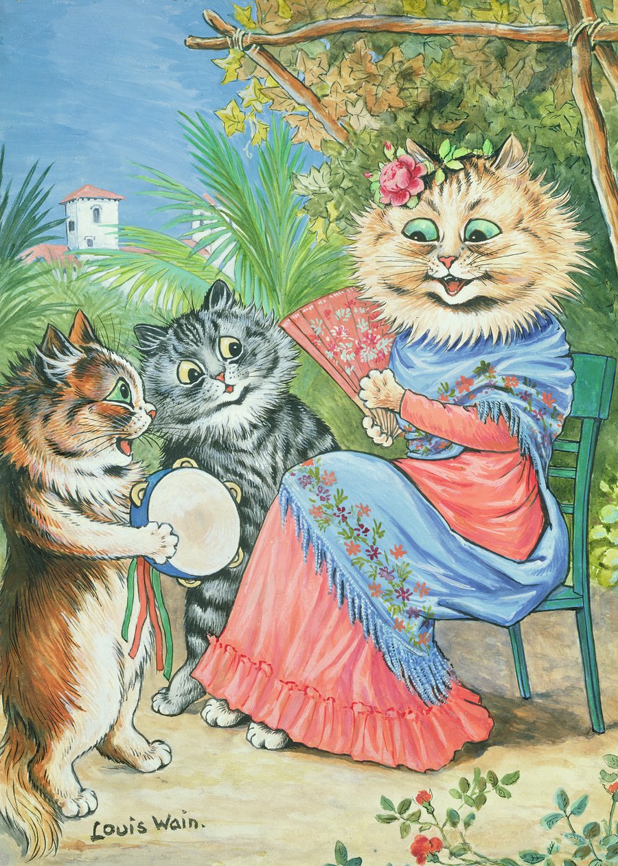 ファンと2匹の子猫と母猫 作： ルイス・ウェイン