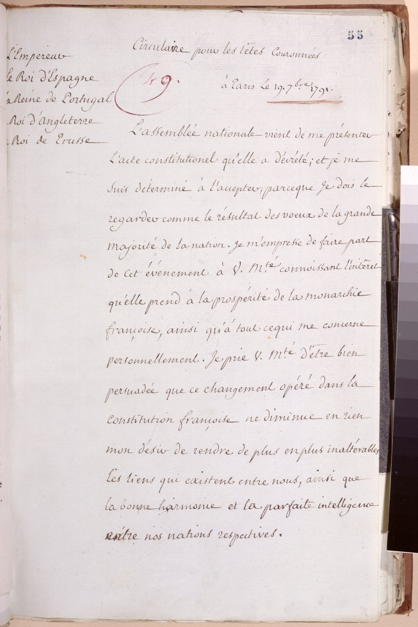 1791年7月19日、1791年の憲法を受け入れるという彼の決定を説明するルイ16世（1754-93）によって書かれたヨーロッパの主権者への手紙 作： ルイ16世