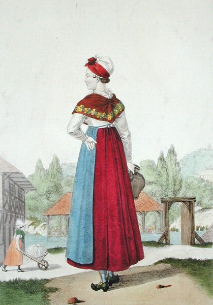 リジューの伝統的な衣装、1820年頃ガティーヌの彫刻（カラー彫刻） 作： ルイマリー（後）ランテ