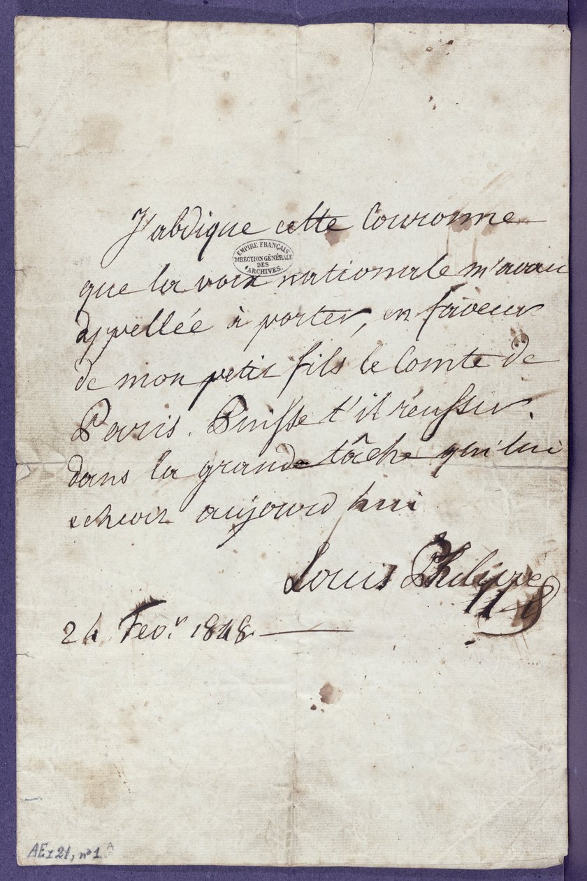 1848年2月24日、パリのコント、パリのルイフィリップ（1773-1850）が孫のルイフィリップアルベールドルレアン（1838-94）に代わって王位を棄権する行為 作： ルイ・フィリップ