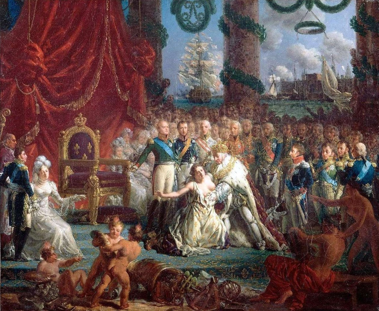 1814年4月24日のブルボン家の帰還の寓意：ルイ18世がフランスを廃墟から引き上げたn 作： ルイ・フィリップ・クレパン