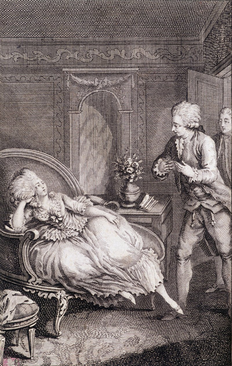 羊飼いの女性に愛を告げるジェンティルオム - Restif de La Bretonne (1734-1806)の「Les francaises ou 34 examples chosen in the current mores to lead daughters, wives, mothers」（Binet作、ヌーシャテル）に収録。 作： ルイ（後）ビネット
