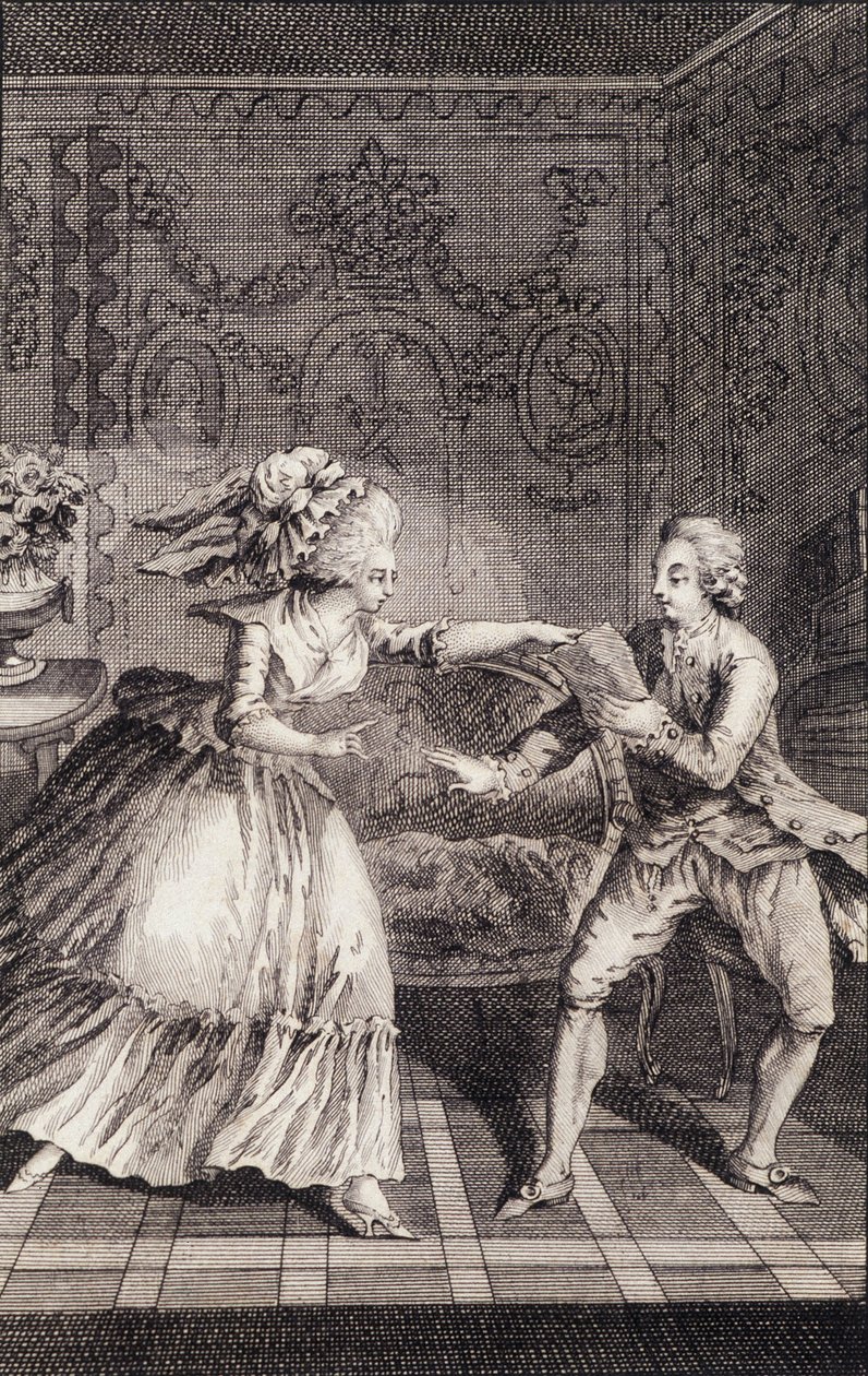 Le billet doux subtilisé (libertinage) - Restif de La Bretonne (1734-1806)の「Les francaises ou 34 examples chosen in current mores fit to lead daughters, women, wives, mothers」の中で、Binetが描いている。 作： ルイ（後）ビネット
