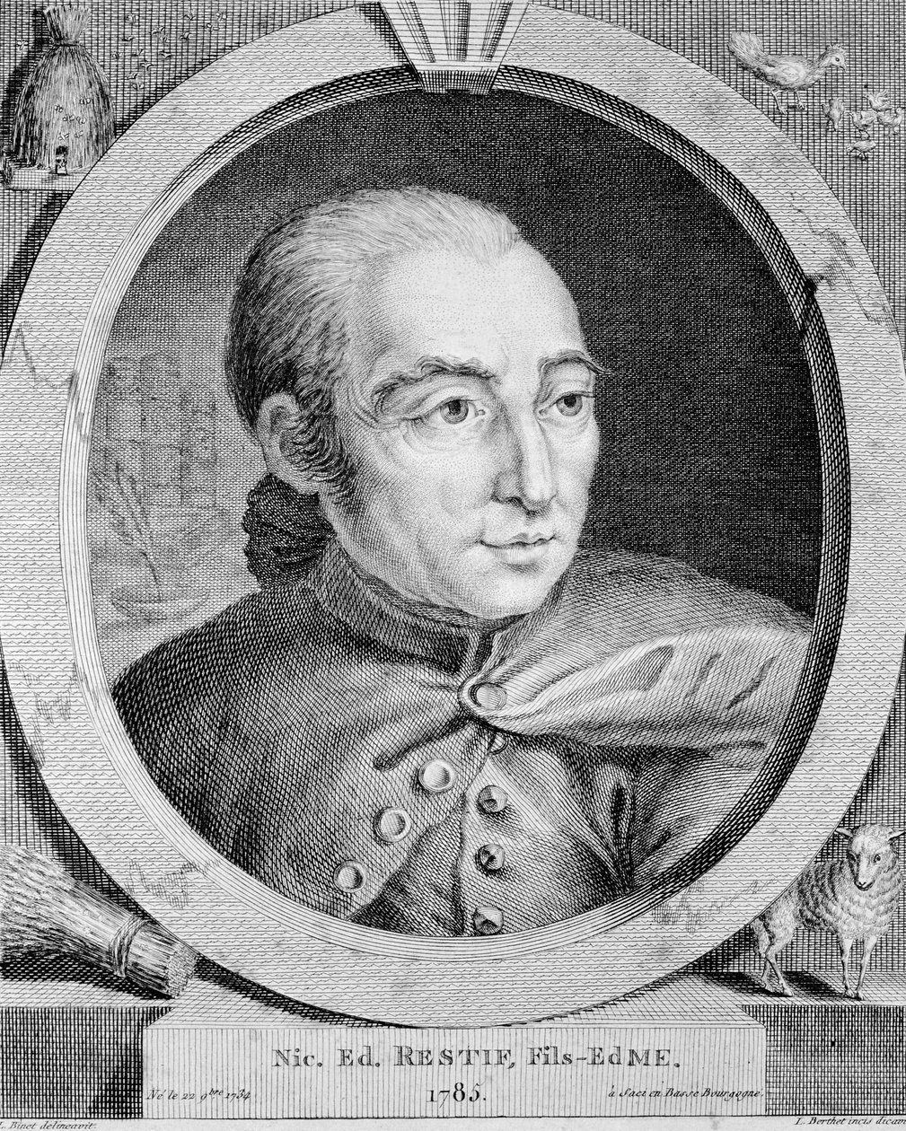 ニコラ・エドメ・レスティフ・ドゥ・ラ・ブルトンヌ（1734-1806）（レスティフ・ドゥ・ラ・ブルトンヌとも）の肖像 - ビネ作、エングレービング 作： ルイ（後）ビネット