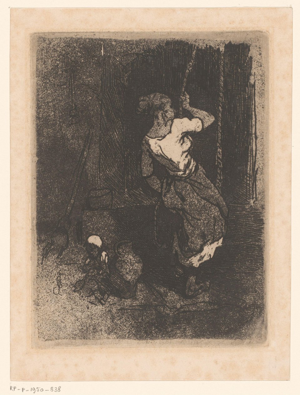 井戸から水を汲む女性と隣に座っている子供 作： Louis Adolphe Hervier（に帰属）