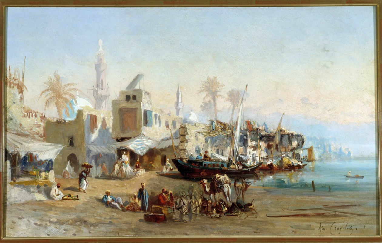 漁師とエジプトのブーラック港のモスク Amable Louis Crapelet (1822-1867) による絵画。 41x64 cm 必須の言及: Regards de Provence ファンデーション コレクション、マルセイユ 作： ルイ・アマブル・クレープレット