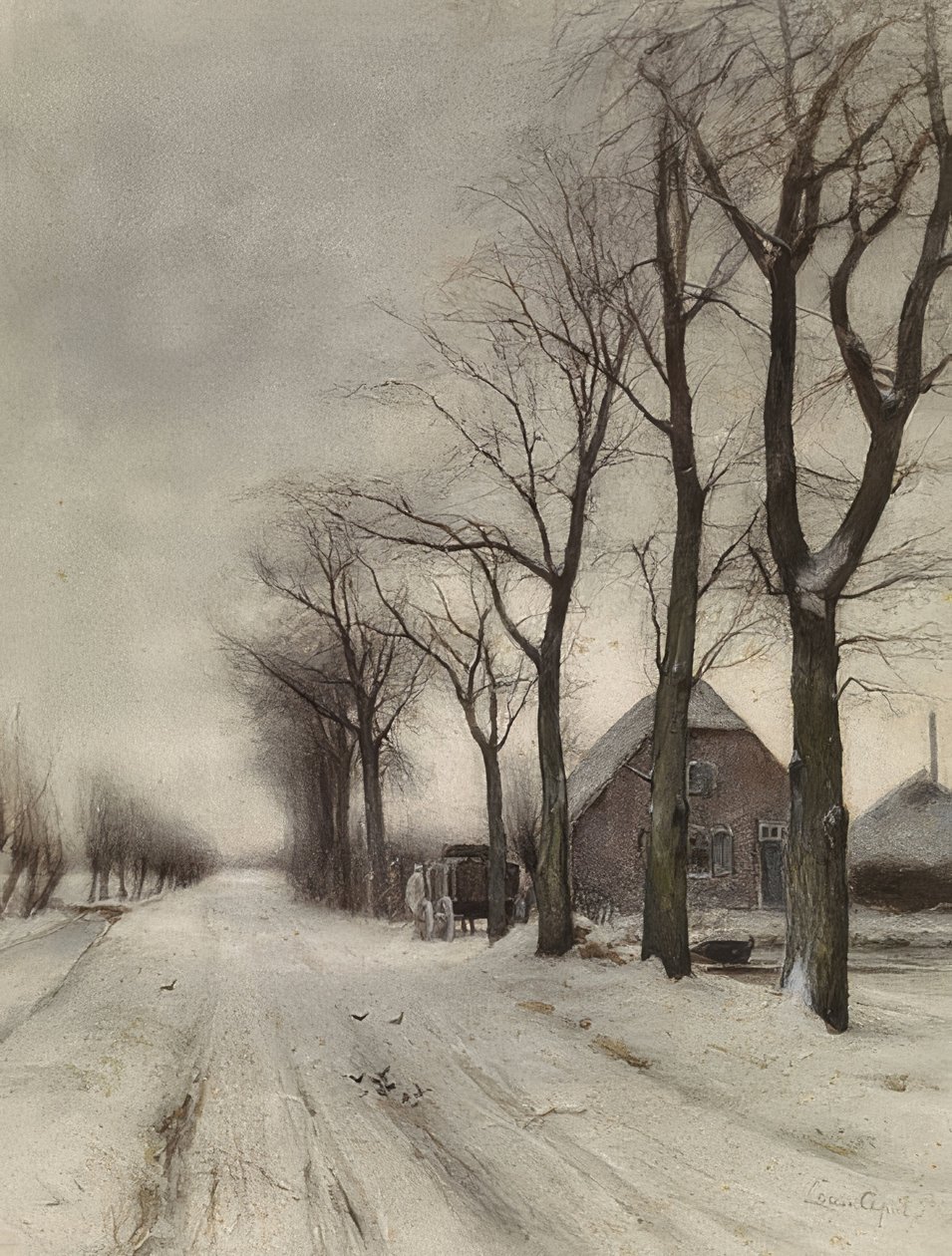 Winterlandschaft mit Bauernhof a einer Allee（通りに農場がある冬の風景） 作： ルイ・アポル