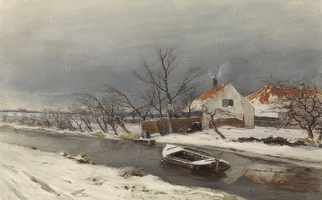 Winterlandschaft mitHäusernund einem Kanal（運河沿いの家のある冬景色） 1874 作： ルイ・アポル