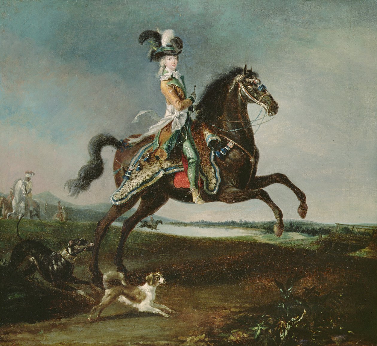 狩猟服装のマリーアントワネット（1755-93）の乗馬肖像、1783 作： ルイ・オーギュスト・ブランまたはブラン・ド・ヴェルソワ