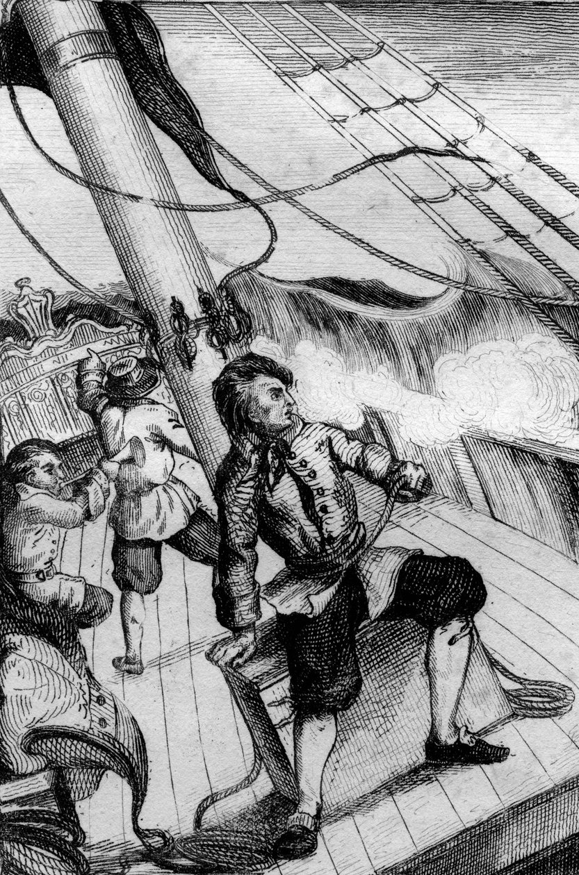 1837年にフランスで出版されたダニエル・デフォー（De foe）の『ロビンソン・クルーソー』のために、M.ド・サンソンが描いた絵をもとにしたエングレーヴィングで、毎分、飲み込まれるのではないかと思った。 作： ルイ・オーギュスト・ド・サンソン