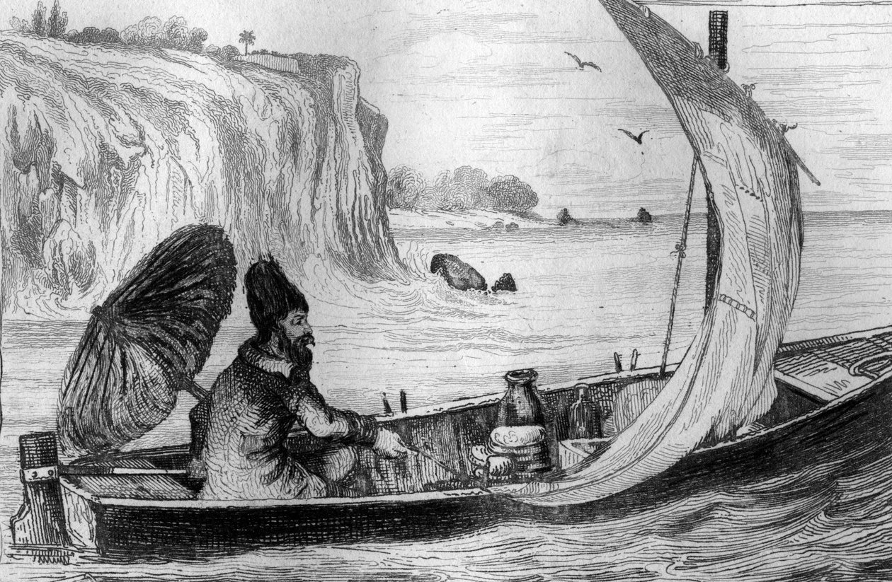 ダニエル・デフォー（De foe）の『ロビンソン・クルーソー』フランス版（1837年）のために、M.ド・サンソンが描いた絵の後に、現在の彫刻が施されたのです。 作： ルイ・オーギュスト・ド・サンソン