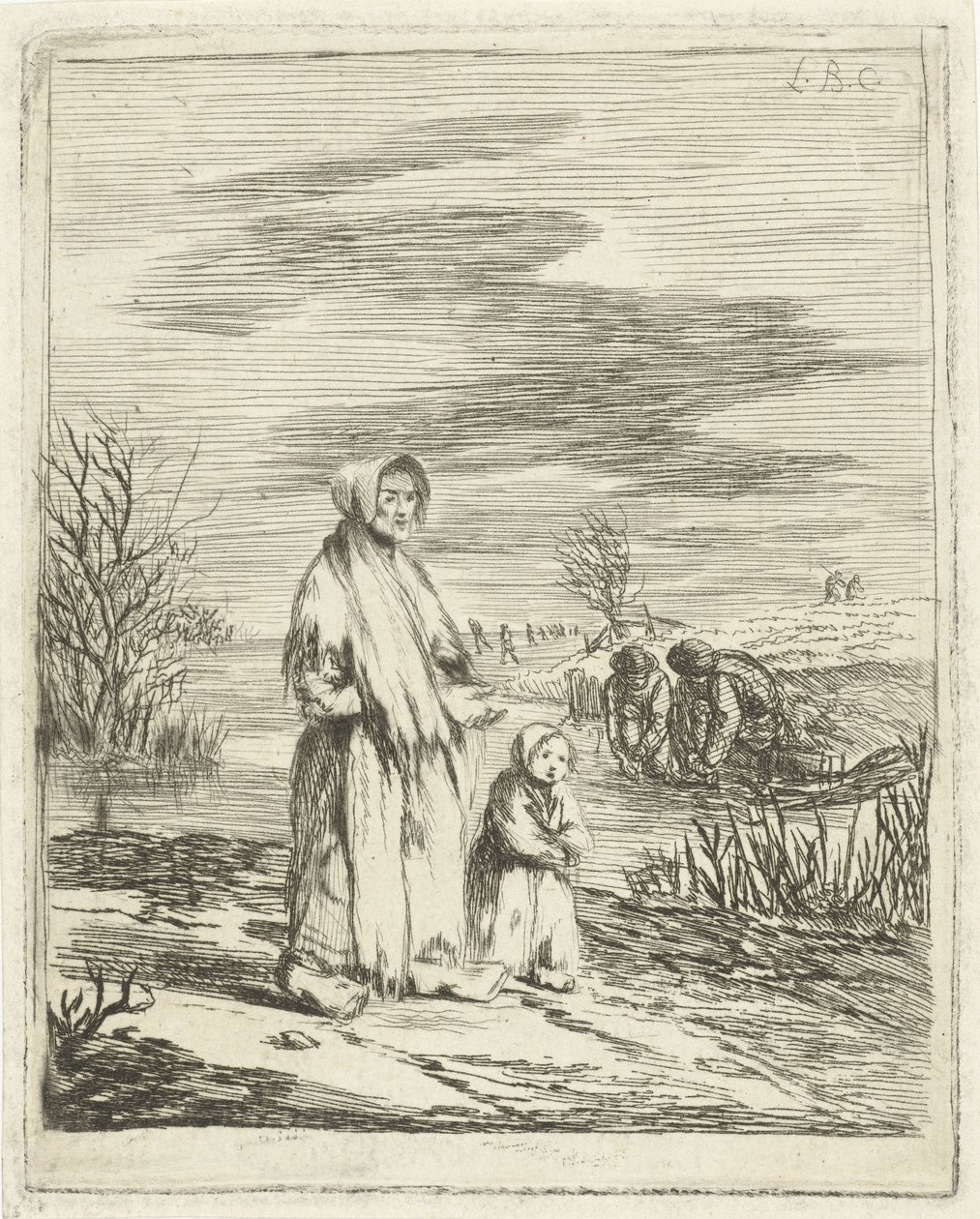 溝の近くの子供と物乞いの女性 作： Louis Bernard Coclers