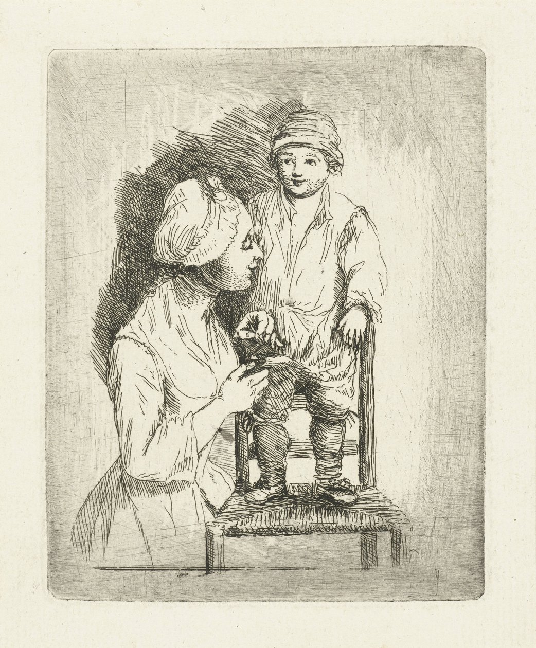 息子のズボンのボタンを留める母親 作： Louis Bernard Coclers