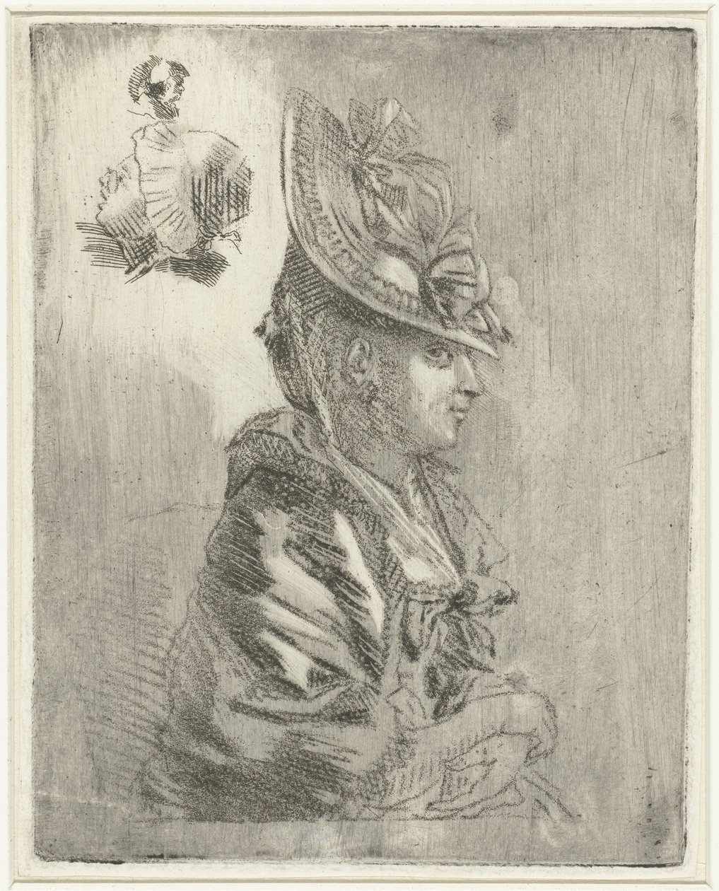 帽子をかぶった若い女性の肖像画と 2 枚の小さい肖像画を含む学習シート 作： Louis Bernard Coclers