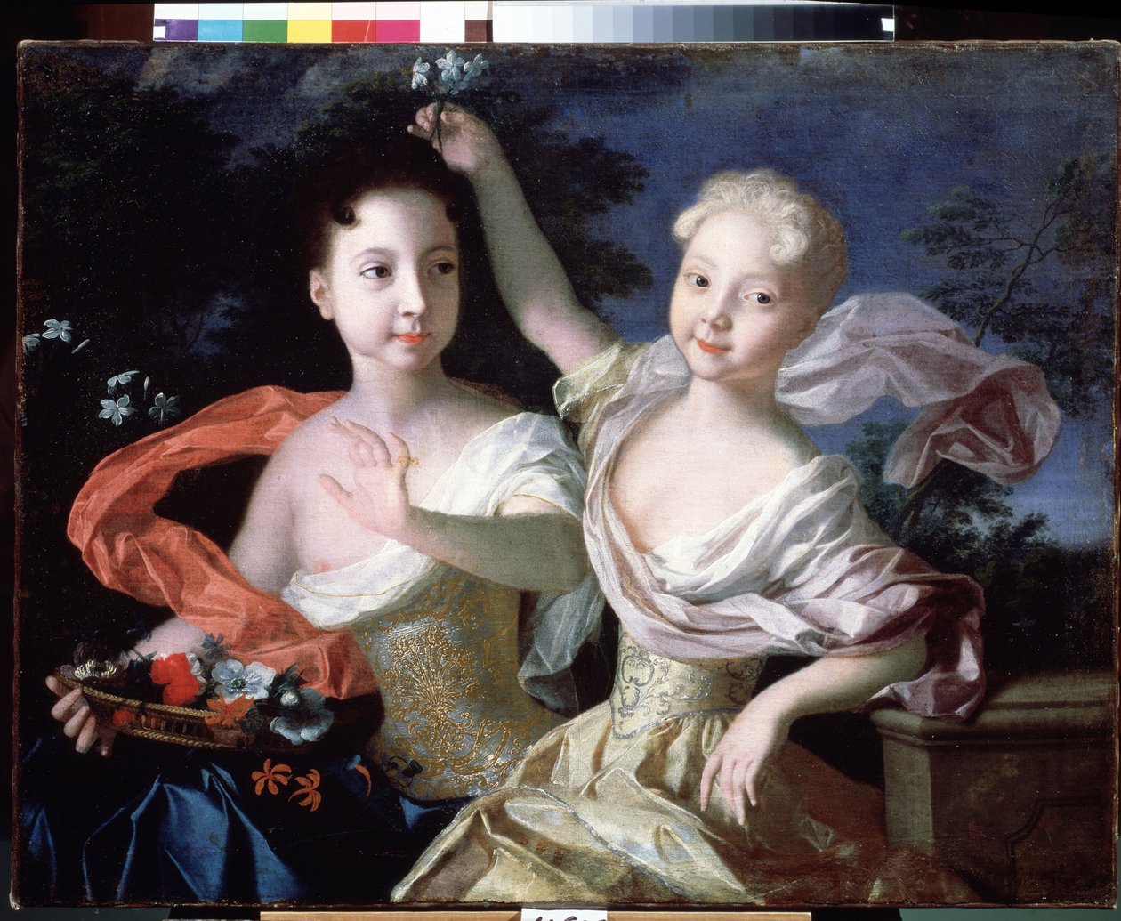 ""アンナ・ペトロヴナ大公女 (1708-1728) とエリザベート・ペトロヴナ (1709-1761) (エリザベート 1 世の名でロシア皇后となる) の肖像。 ルイ・カラヴァク (1684-1754) による絵画 1717年 国立ロシア美術館 サンクトペテルブルク 作： ルイ・カラバク