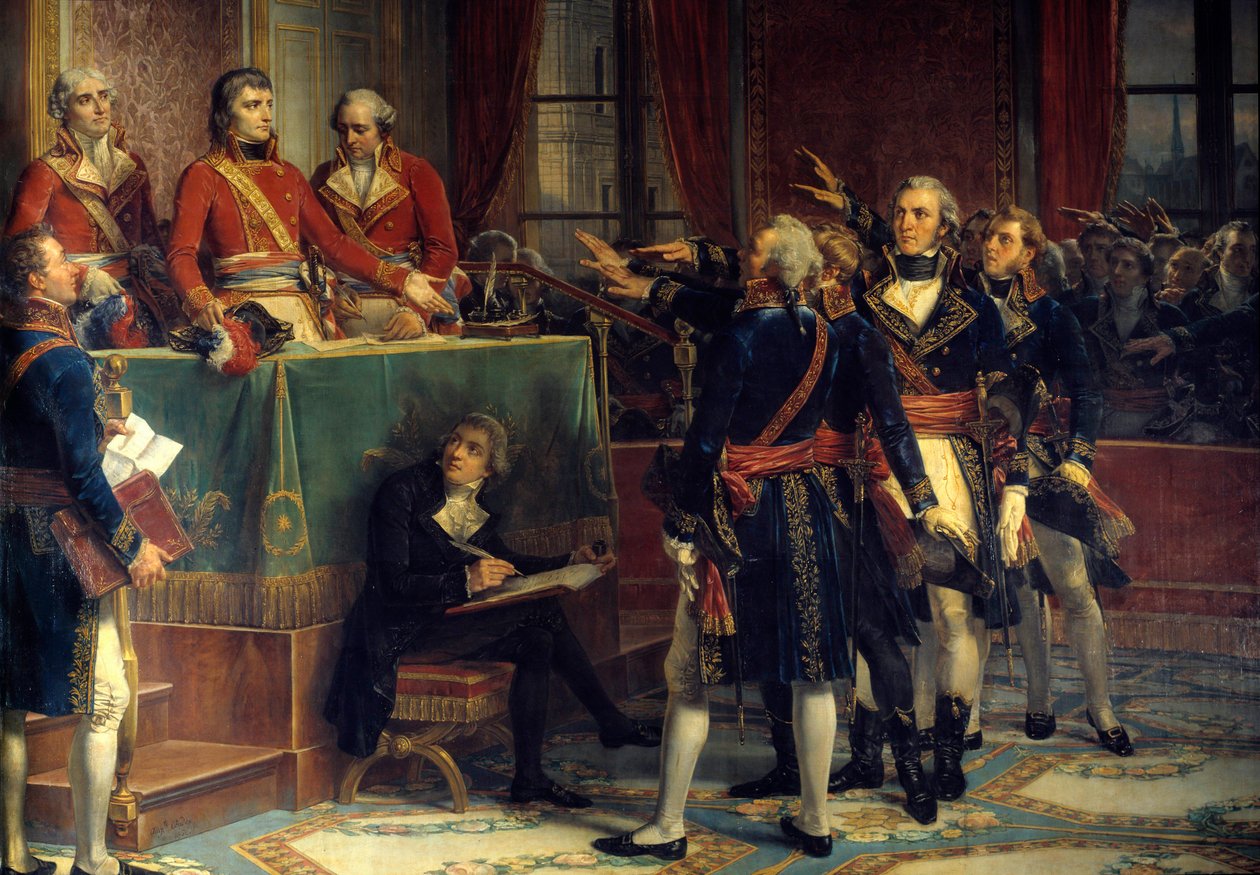 3人のコンスル（領事）。大統領の宣誓を受けるボナパルト、カンバセレス、ルブラン 右側は、エマニュエル＝ジョセフ（Emmanuel Joseph）シエイス（1748-1836）とピエール＝ロジェ（Pierre Roger）デュコス（Roger Ducos）（1747-1816）。絵画：ルイ・シャルル・オーギュスト・クード 作： ルイ・チャールズ・オーギュスト・クーダー