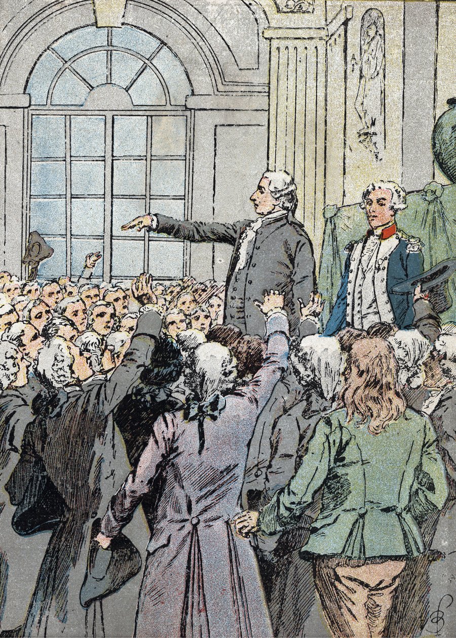 フランス革命。"The depute Jean Sylvain Bailly (1736-1793) was elected mayor of Paris on 15/07/1789 in presence of La Fayette" (政治指導者Jean-Sylvain Bailly elected as the mayor of Paris on 15/07/1789) Illustration by Louis Charles B 作： ルイ・チャールズ・ボンブル