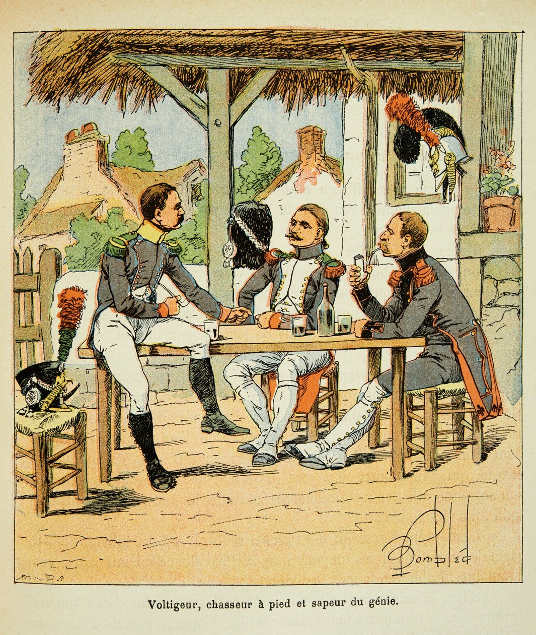 ボンブル・ルイ（1862-1927）が、エマニュエル・ド・ラス・カース伯爵（1766-1842）の著書『サン・ヘレネの記念』から描いたもの。フランセーズ軍。Voltigeur; hunter and sapeur of the genie, Private Collection 作： ルイ・チャールズ・ボンブル