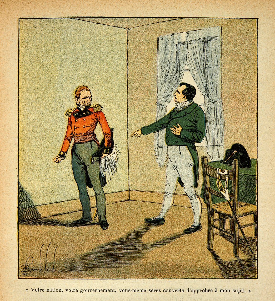 エマニュエル・ド・ラス・ケース伯爵（1766-1842）の著書『サン・ヘレネの記念』からボンブル・ルイ（1862-1927）が描いたイラスト。皇帝ナポレオンは、総督ハドソン・ロウ（1769-1844）の自分に対する態度を非難している、コレクション・パーシャル 作： ルイ・チャールズ・ボンブル
