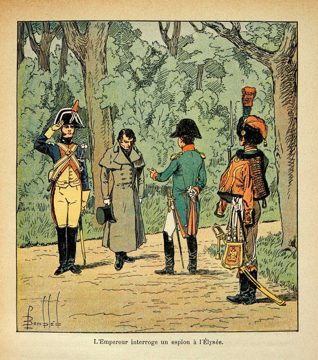 エマニュエル・ド・ラス・ケース伯爵（1766-1842）の著書『聖ヘレネの記念』からボンブル・ルイ（1862-1927）が描いたイラスト。エリゼ宮でスパイを尋問する皇帝ナポレオン、個人蔵 作： ルイ・チャールズ・ボンブル
