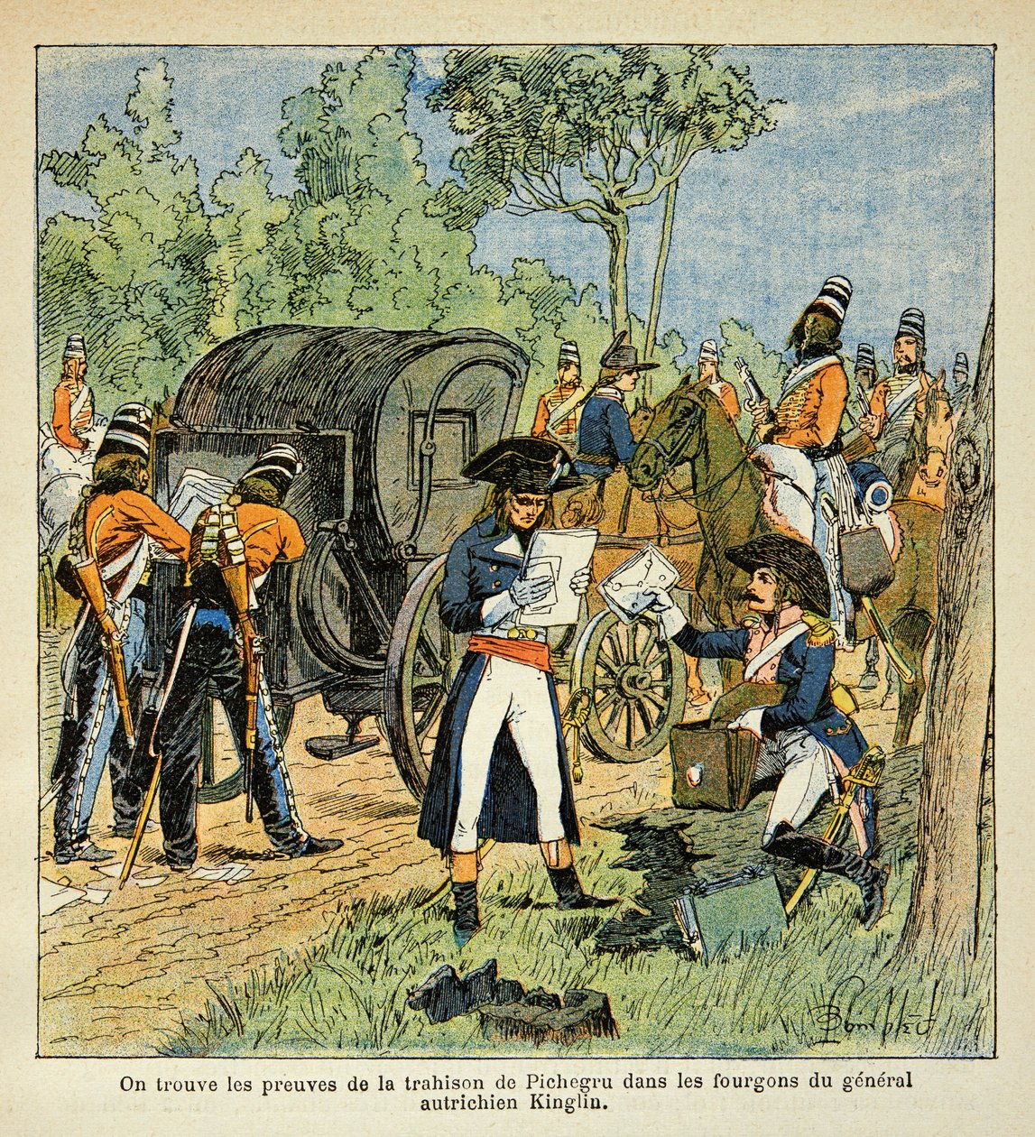エマニュエル・ド・ラス・ケース伯爵（1766-1842）の著書『聖ヘレネの記念』からボンブル・ルイ（1862-1927）が描いた挿絵。ライン川を通過中、モローはピケグルとコンデ公の間の書簡をコンデ公の車の中で発見する。 作： ルイ・チャールズ・ボンブル