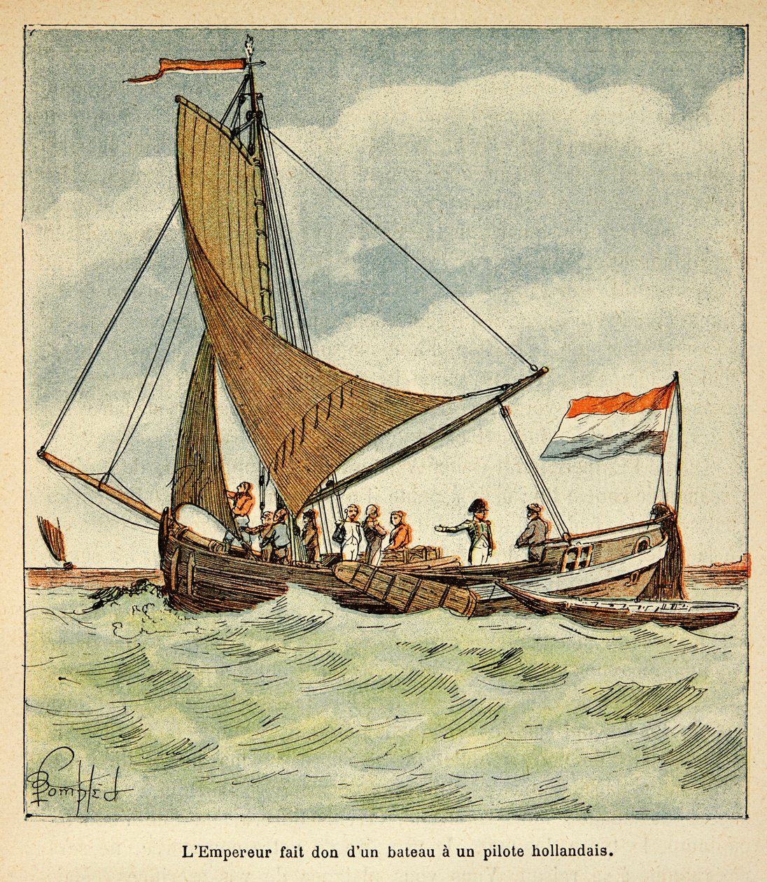 エマニュエル・デ・ラスカセス伯爵（1766-1842）の著書「サン・ヘレネの記念碑」からボンブル・ルイ（1862-1927）が描いたイラスト。ナポレオンがオランダを訪問した際に、オランダ人水先案内人にボートを寄贈したもの 作： ルイ・チャールズ・ボンブル