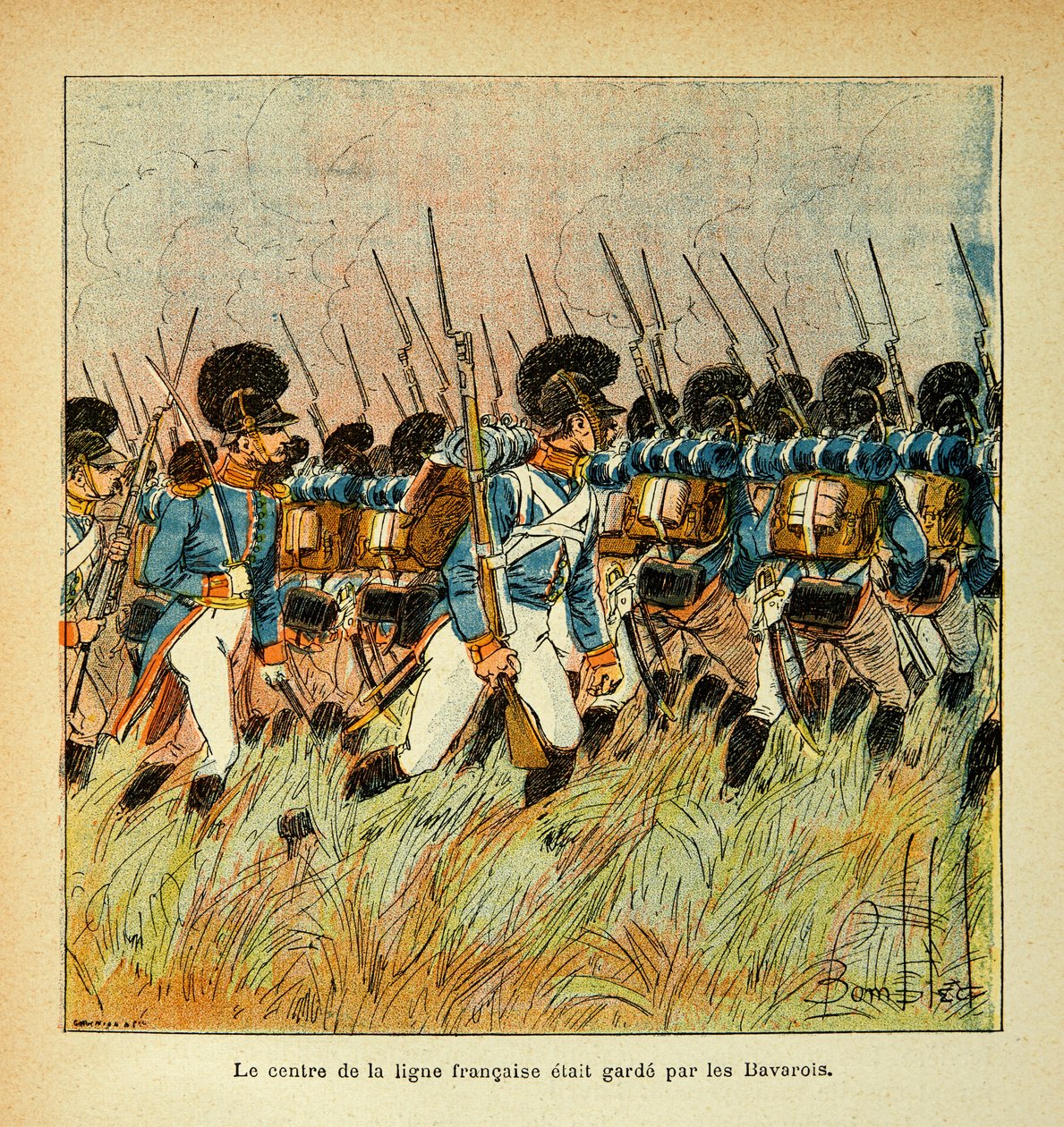 エマニュエル・デ・ラスカセス伯爵（1766-1842）の著書『聖ヘレネの記念』からボンブル・ルイ（1862-1927）が描いたイラスト。ナポレオン軍と統合されたバイエルン軍、個人蔵 作： ルイ・チャールズ・ボンブル