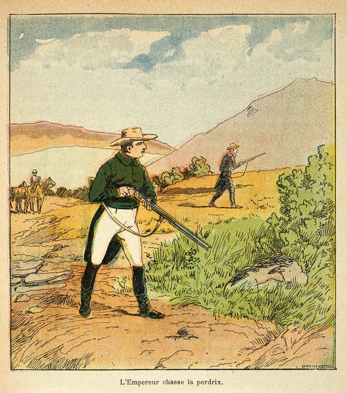 エマニュエル・ド・ラス・ケース伯爵（1766-1842）の著書『サン・ヘレネの記念』からボンブル・ルイ（1862-1927）が描いたイラスト。1816年8月、サン・ヘレネでラス・ケースと狩りをするナポレオン、個人蔵 作： ルイ・チャールズ・ボンブル