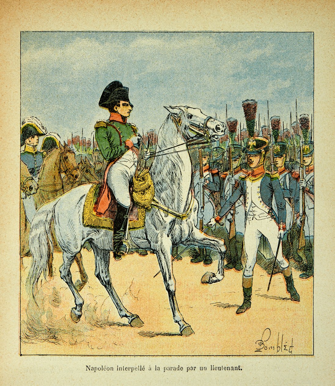 エマニュエル・ド・ラス・ケース伯爵（1766-1842）の著書『サン・ヘレネの記念碑』からボンブル・ルイ（1862-1927）が描いたイラスト。中尉によるパレードを呼ぶナポレオン、個人蔵 作： ルイ・チャールズ・ボンブル
