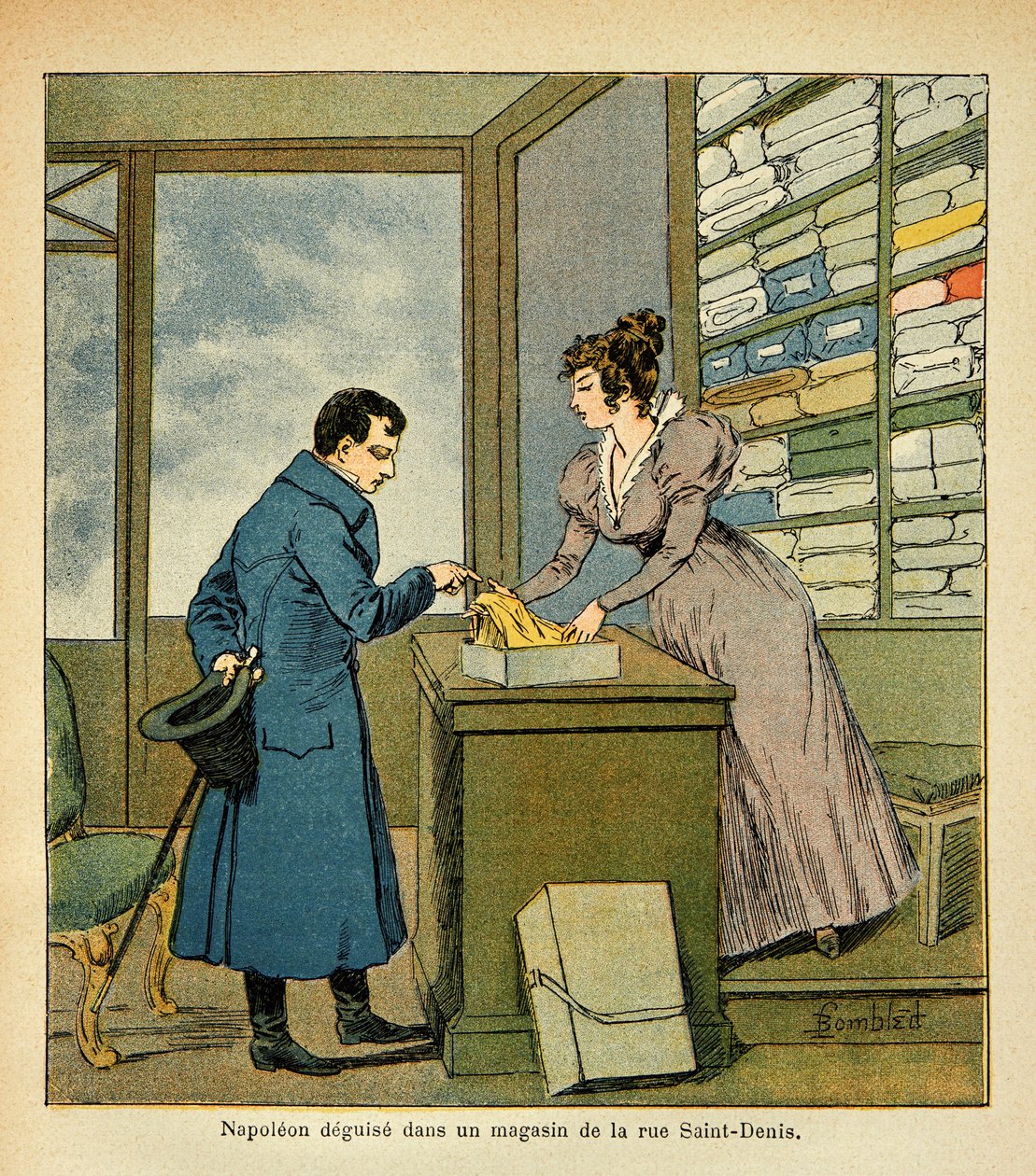 エマニュエル・ド・ラス・カース伯爵（1766-1842）の著書「サン・ヘレネの記念」からボンブル・ルイ（1862-1927）が描いたイラスト。サン・ドニ通りの店で変装した皇帝ナポレオン、個人蔵 作： ルイ・チャールズ・ボンブル