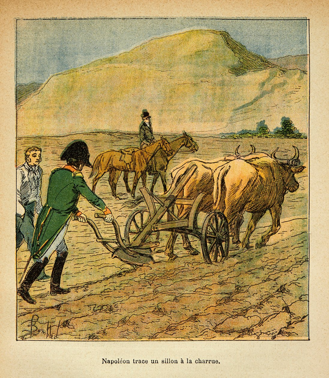エマニュエル・ド・ラス・ケース伯爵（1766-1842）の著書『サン・ヘレネの記念』からボンブル・ルイ（1862-1927）が描いたイラスト。サン・ヘレネにて、皇帝ナポレオンが耕運機の溝をなぞる場面、プライベート・コレクション 作： ルイ・チャールズ・ボンブル