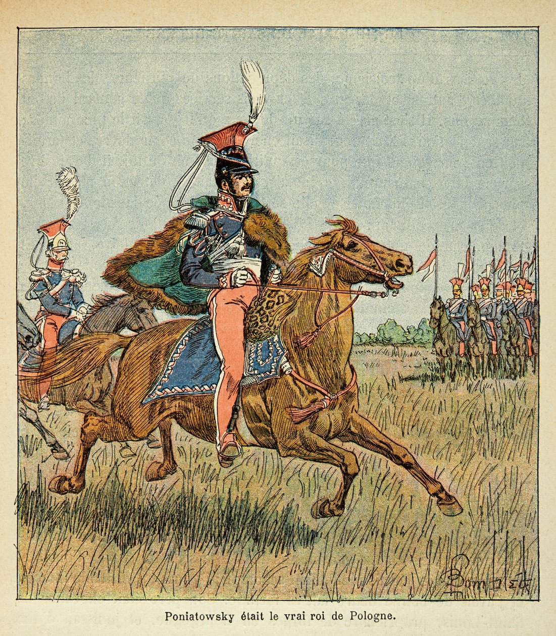 エマニュエル・デ・ラスカセス伯爵（1766-1842）の著書「聖ヘレネの記念碑」からボンブル・ルイ（1862-1927）が描いたイラスト。軍隊を前にした牧童ヨゼフ・アントニ・ポニャトウスキー（1763-1813）、プライベート・コレクション 作： ルイ・チャールズ・ボンブル