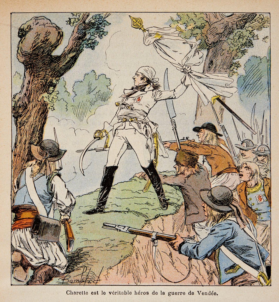 エマニュエル・ド・ラス・ケース伯爵（1766-1842）の著書『聖ヘレネの記念』からボンブル・ルイ（1862-1927）が描いたイラスト。ヴェンディーン酋長のシャレットとその支持者たち、個人蔵 作： ルイ・チャールズ・ボンブル