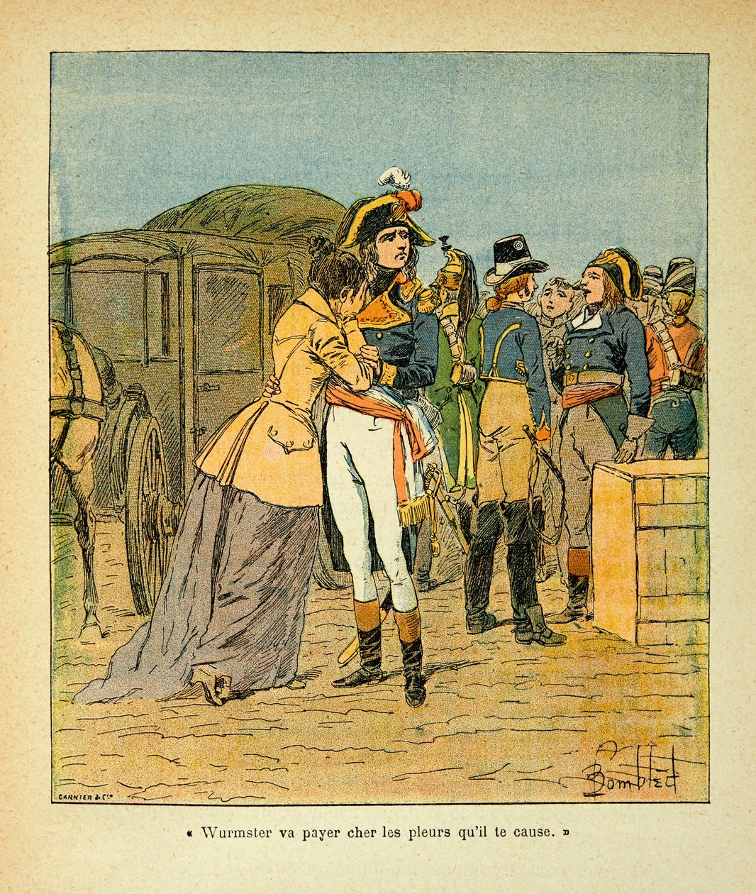 エマニュエル・ド・ラス・ケース伯爵（1766-1842）の著書『聖ヘレネの記念』からボンブル・ルイ（1862-1927）が描いたイラスト。イタリア遠征中に車を襲撃されたボナパルトがジョゼフィーヌを慰める場面、個人蔵 作： ルイ・チャールズ・ボンブル