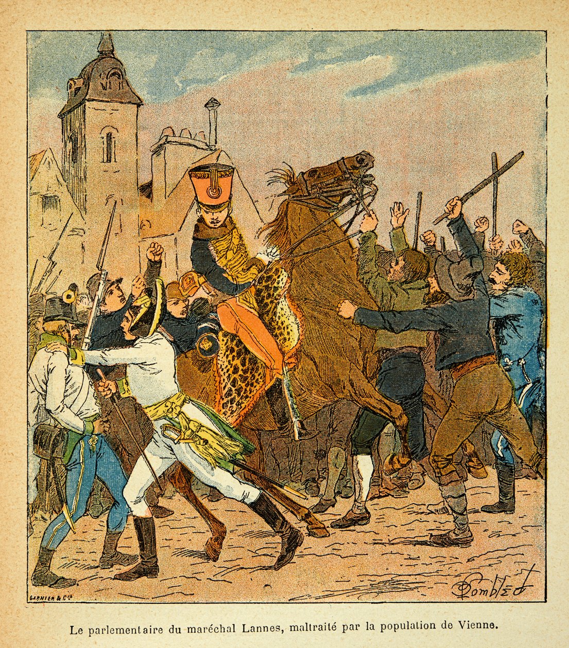 エマニュエル・ド・ラス・カース伯爵（1766-1842）の著書『聖ヘレネの記念』からボンブル・ルイ（1862-1927）が描いたイラスト。ウィーンの住民から虐待を受けたマレシャル・ランヌの議会議員、個人蔵 作： ルイ・チャールズ・ボンブル